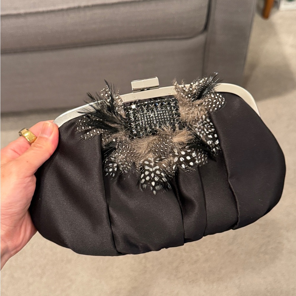 Elegant Black Clutch with Feather Detail-Nina